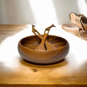 Vintage MCM Monkey pod 10” Wooden Salad Bowl & Tossers